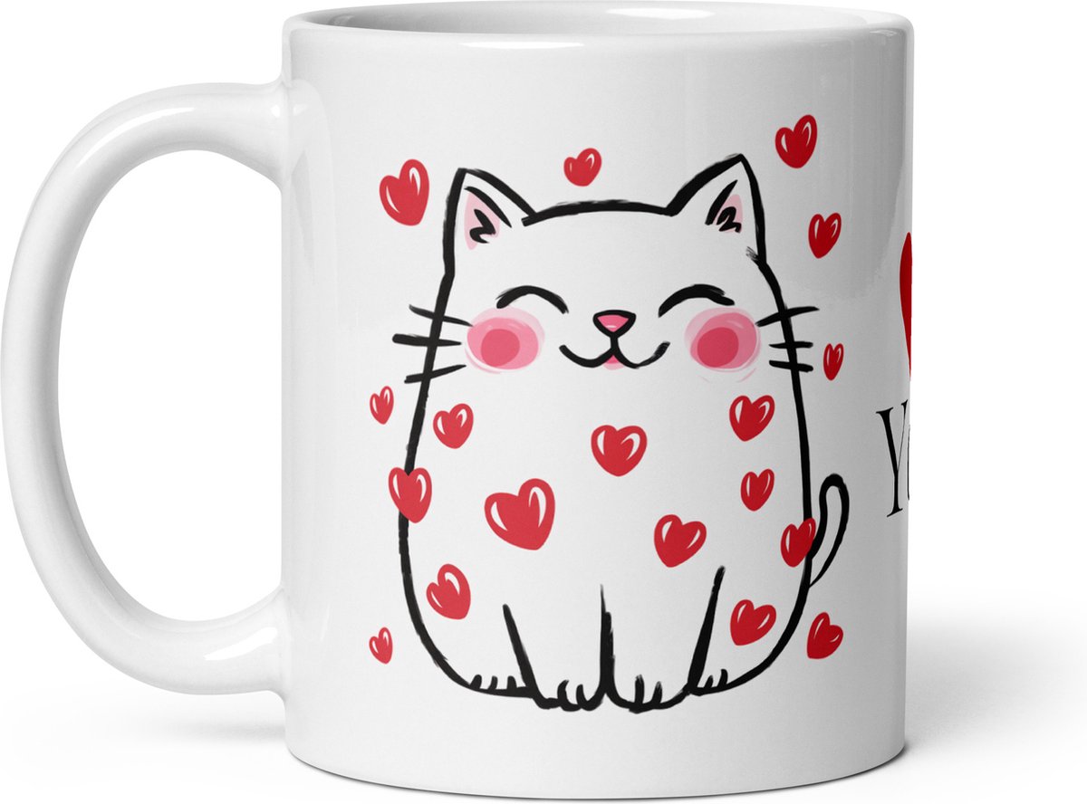 Schattige Beker Mok - Poesjes en Hartjes - Love You - Glans Wit - 11oz - Valentijn