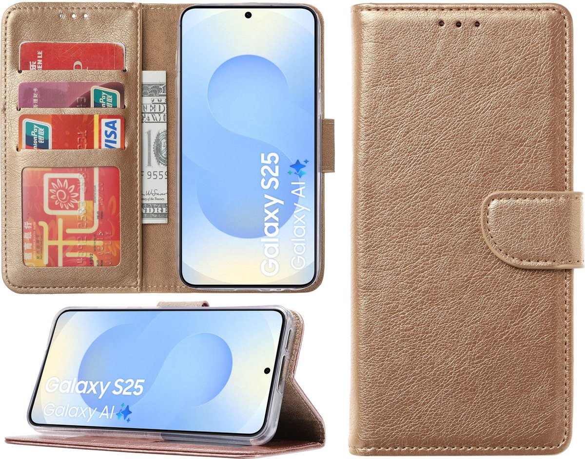 Hoesje Geschikt voor Samsung Galaxy S25 – Arara bookcase met pasjeshouder - Goud