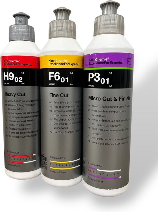 Drie flessen Koch Chemie polijstmiddel: Heavy Cut H9.02, Fine Cut F6.01 en Micro Cut & Finish P3.01.