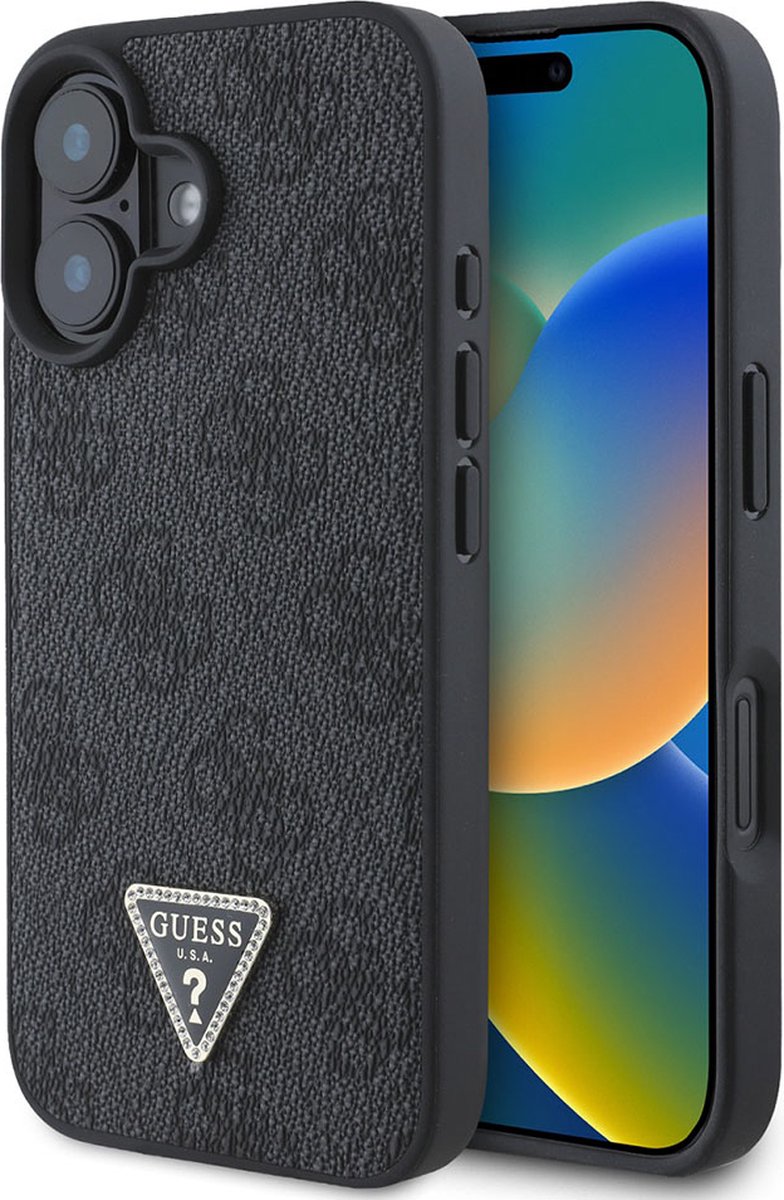 GUESS, Geschikt voor Apple iPhone 16 4G Edition Strass Triangle Metallic hoesje, Zwart