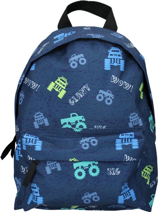 Sac à dos bleu foncé avec un imprimé de monster trucks jaunes, verts et bleus, avec des textes comme 'GIANT' et 'BIG'.