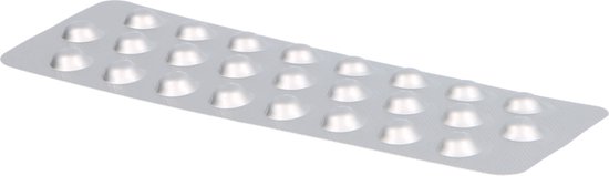 Blister met 20 zilverkleurige Micropur Forte MF 1T waterzuiveringstabletten.