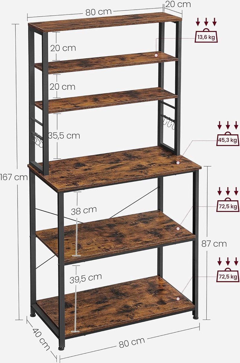 Queen keukenrek - staande keukenkast - magnetron kast - met 6 haken - industrieel - vintage bruin-zwart - 80 x 40 x 167 cm — afbeelding 5