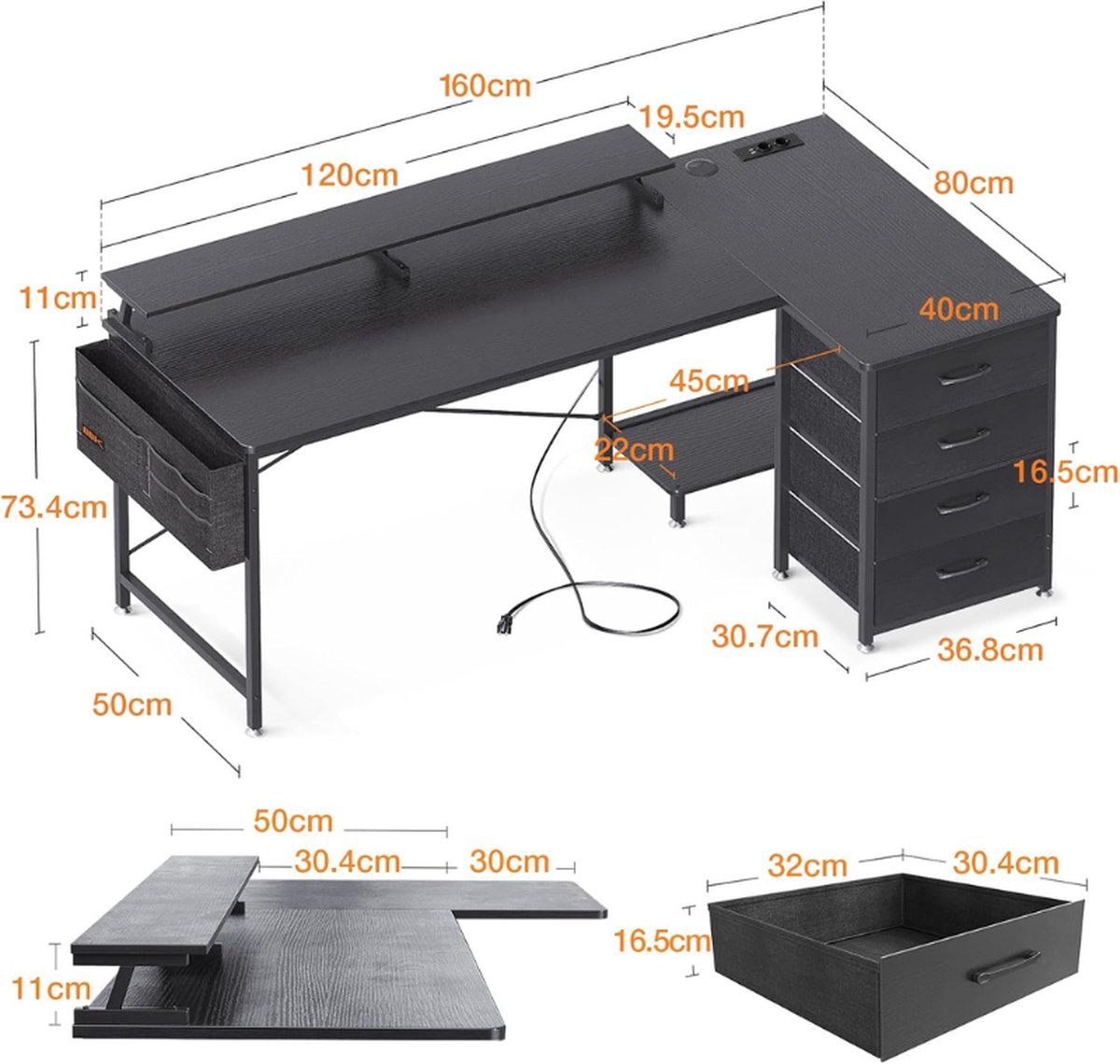 Tohomeor Hoekbureau met 4 stoffen laden, bureau met laden, gamingtafel, monitorstandaard, computertafel voor kantoor, werkkamer, slaapkamer (bruin