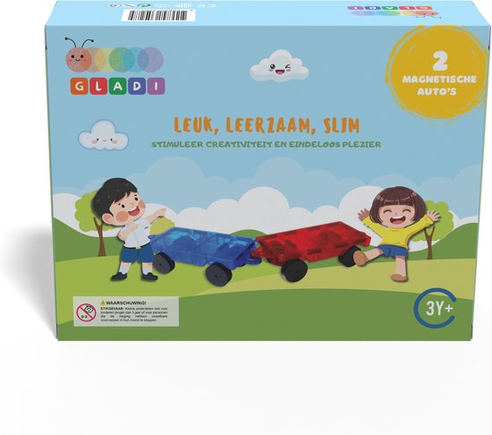 Gladi Tiles Uitbreidingsset - 2 Magnetische Auto's - Magnetisch Speelgoed - Magnetic Tiles - STEM Speelgoed voor 3 t/m 12 Jaar - Magnetische Tegels - Constructie speelgoed - Educatief Bouwspeelgoed