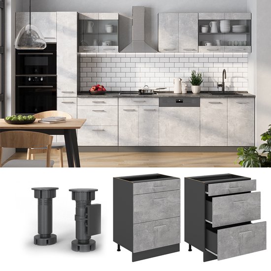 Vicco R-Line Keukenonderkast – 60 cm met laden, zonder werkblad Beton