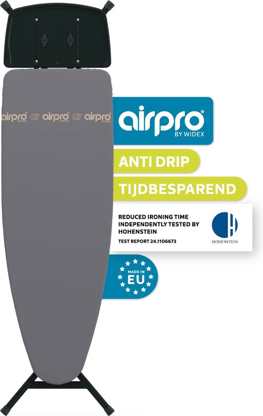 AIRPRO By Widex Strijkplank - 120x42 L Zwart / Antraciet - 50% Sneller strijken - Extra duurzaam - Inclusief gratis Airpro Strijkplankhoes - Strijkplanken - Strijken - Met strijkijzerhouder en 7 jaar garantie