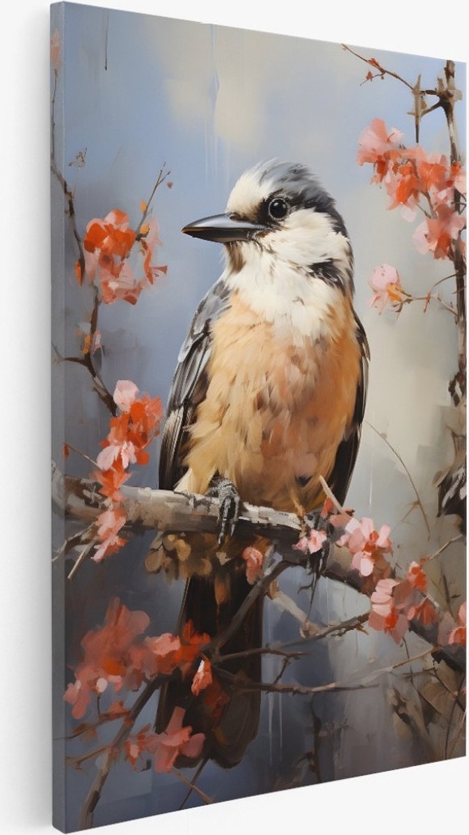 Saammp Canvas Schilderij - vogel op tak met rode bloemen - Abstract - 50x70 - Foto op canvas - Wanddecoratie - Muurdecoratie Woonkamer - Kantoor Decoratie Multicolor