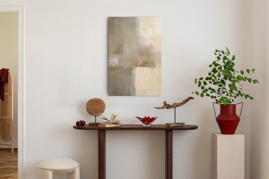 Abstract doek met beige en grijstinten, boven een console tafel.