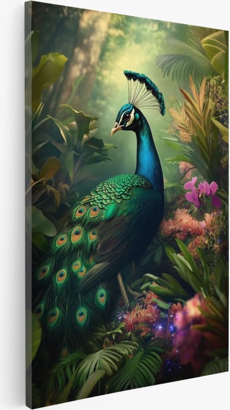 Saammp - Canvas Schilderij - Pauw in de jungle - Dieren - Abstract - 60x90 - Foto op canvas - Wanddecoratie - Muurdecoratie Woonkamer - Slaapkamer decoratie - Canvas Print