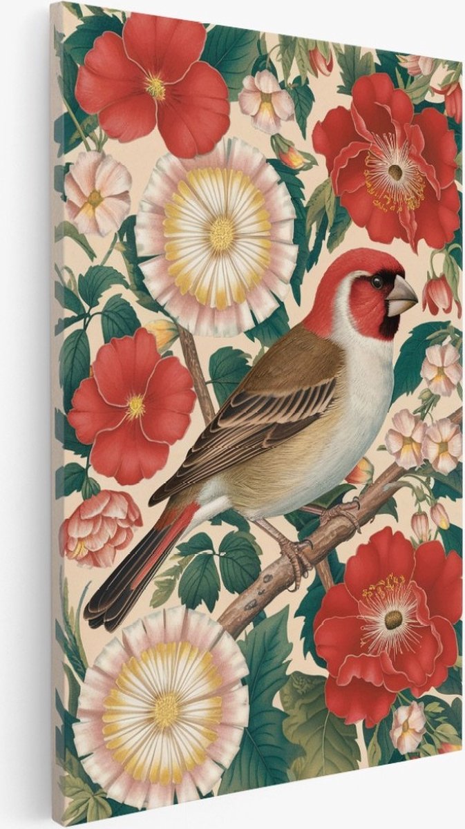 Saammp Canvas Schilderij - Vogel tussen de bloemen - 30x45 - Foto op canvas - Wanddecoratie - Muurdecoratie Woonkamer - Kantoor Decoratie Multicolor