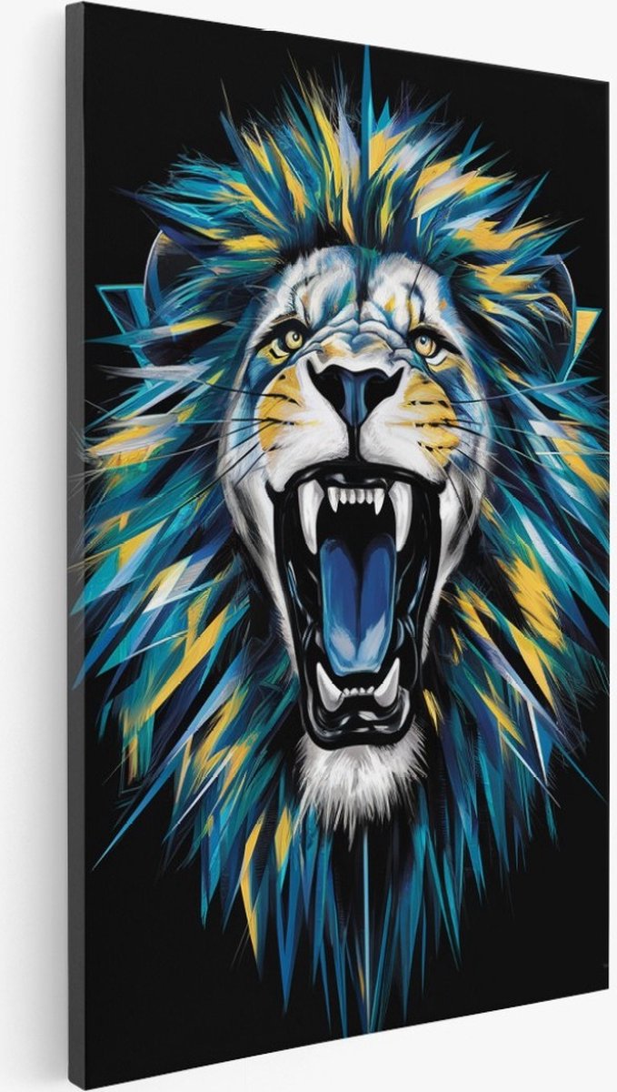 Saammp Canvas Schilderij - Blauw - Leeuw - Abstract - Dieren - 50x70 - Foto op canvas - Wanddecoratie - Muurdecoratie Woonkamer - Slaapkamer decoratie - Canvas Print Multicolor