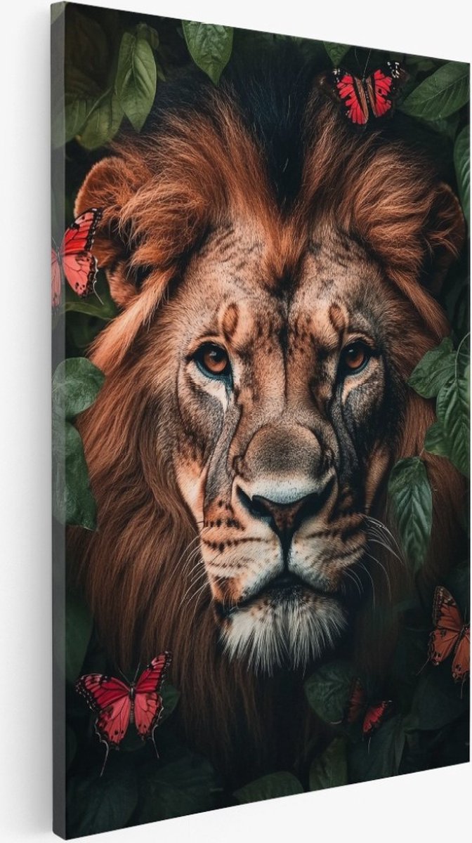 Saammp Canvas Schilderij - Leeuw tussen de rode vlinders - Dieren - Abstract - 40x60 - Foto op canvas - Wanddecoratie - Muurdecoratie Woonkamer - Slaapkamer decoratie - Canvas Print Multicolor