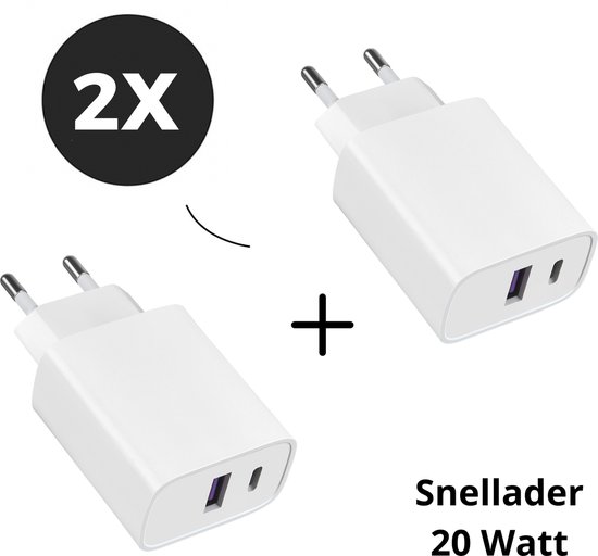 Pack Duo - Adaptateurs de charge Dual WiseQ - Port USB-C et USB - Chargeur rapide 20 W (2 pièces) - Convient pour iPhone 16 et iPhone 15, Apple et Samsung - Wit