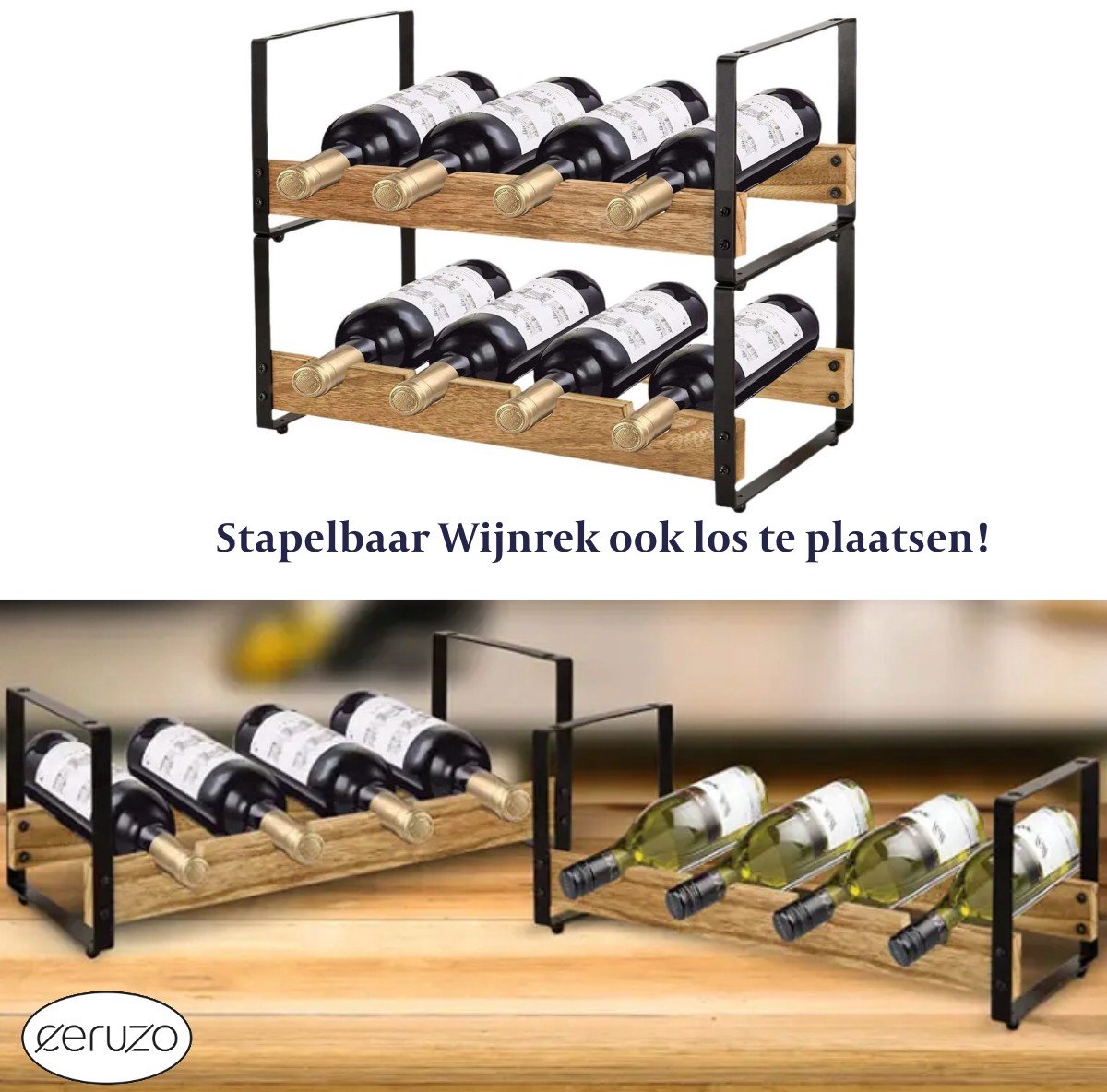 Wijnrek Stapelbaar – Wijnfleshouder Metaal Hout – 8 Flessen – Wijnopslag – 39.5x18x31 cm — cadeau in Wonen & Interieur - foto 4