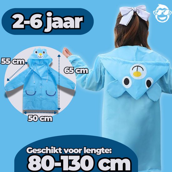 Blauwe kinder regenponcho met berenkapuchon, geschikt voor kinderen van 2-6 jaar (80-130 cm lengte).