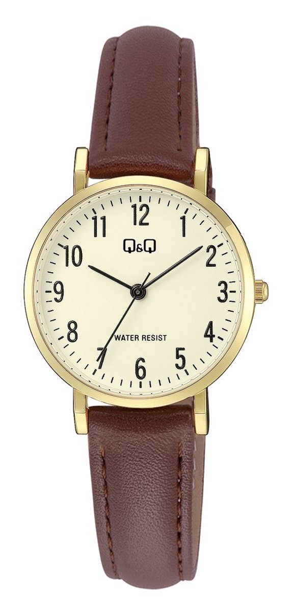 QQ C66A-001PY - Horloge - Polshorloge - Analoog - Dames - Vrouwen - Leren band - Rond - Metaal - Cijfers - DonkerBruin - Goudkleurig