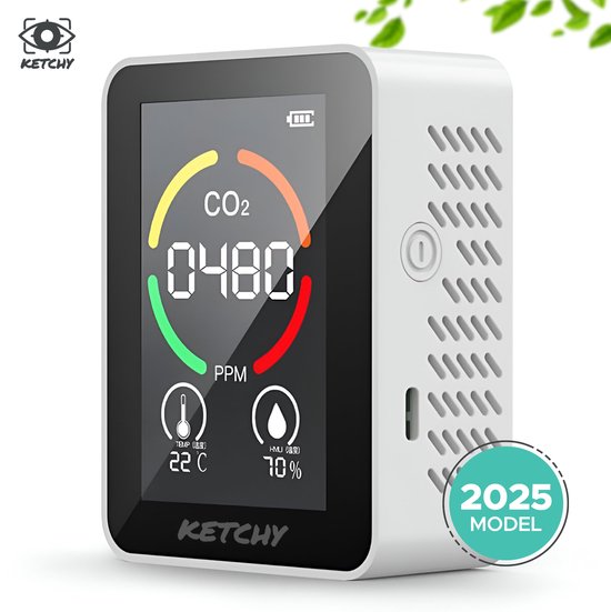 Foto: Ketchy 3 in 1 co2 meter co2 meter luchtkwaliteitsmeter co2 meter binnen thermometer hygrometer draagbaar en oplaadbaar incl co2 alarm en usb kabel