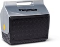 Zwarte koelbox met geruit patroon, zilverkleurige bovenkant en gele cirkel aan de zijkant.