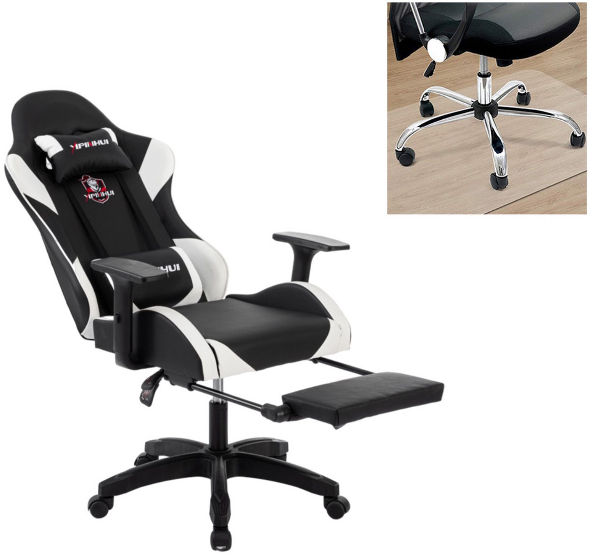 OFMOTRA-Gamestoel-Gaming stoel-hoogteverstelbare gaming stoel-verstelbare armleuningen-met pedaal-met lumbale kussen-hoofdsteun-met vloermat-ondersteuning 200KG-zwart