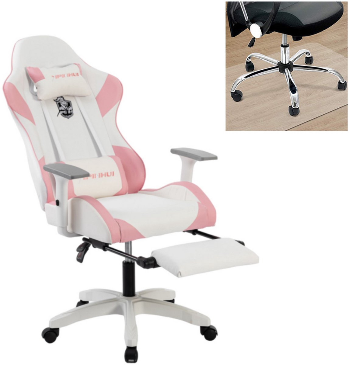 OFMOTRA-Gamestoel-Gaming stoel-hoogteverstelbare gaming stoel-verstelbare armleuningen-met pedaal-met lumbale kussen-hoofdsteun-met vloermat-ondersteuning 200KG-Roze