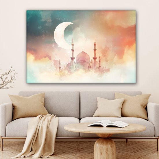 Peinture sur toile 120x80 cm - Décoration murale Mosquée - Nuages ​​colorés - Arabe - Ramadan - Islamique - Décoration murale salon - Décoration chambre - Accessoires chambre - Peintures sur toile