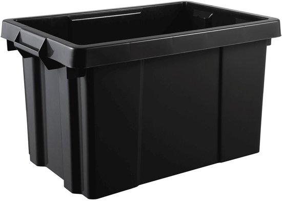 Zwarte open kunststof opbergbox met handvatten, L60 x B40 x H33 cm.
