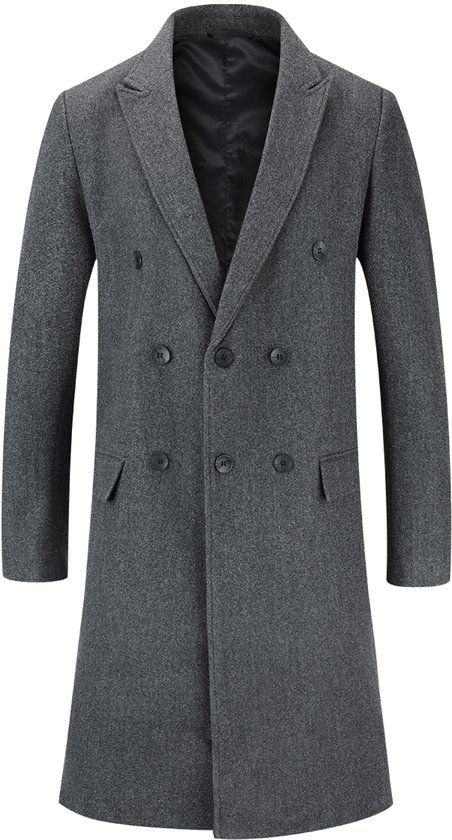 Long manteau gris croisé en laine avec col à revers.