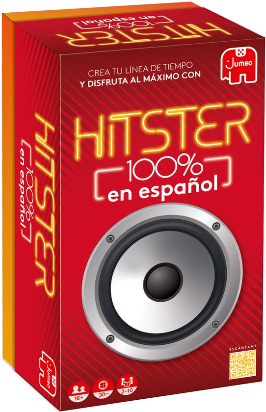 Rode doos met luidspreker en 'HITSTER 100% en español'.