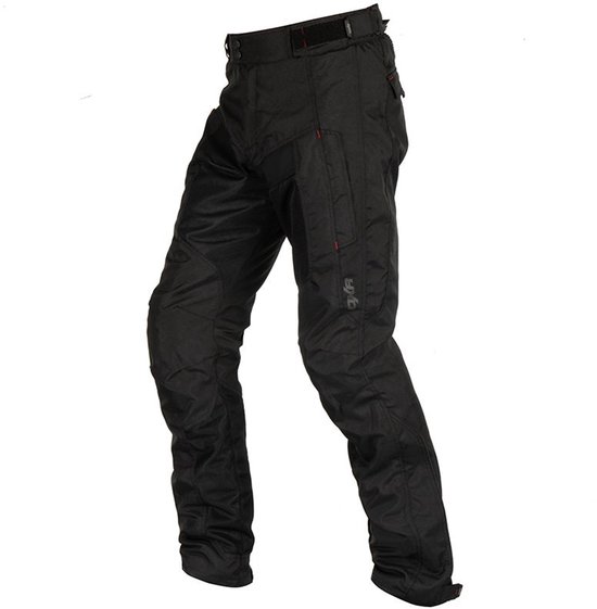 Vue de côté du pantalon de moto noir avec ceinture réglable et surpiqûres rouges.