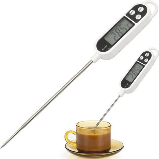Digitale thermometer met roestvrijstalen sonde, met knoppen en display, ook in een koffiekopje.