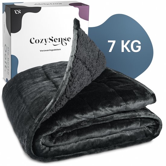 CozySense® Verzwaringsdeken 7 kg - Weighted Blanket - Zwaartedeken - GLASS-Flow® Drukverdeling - 135x200 - Flanelfluweel & Sherpa - Hypoallergeen - Zwart