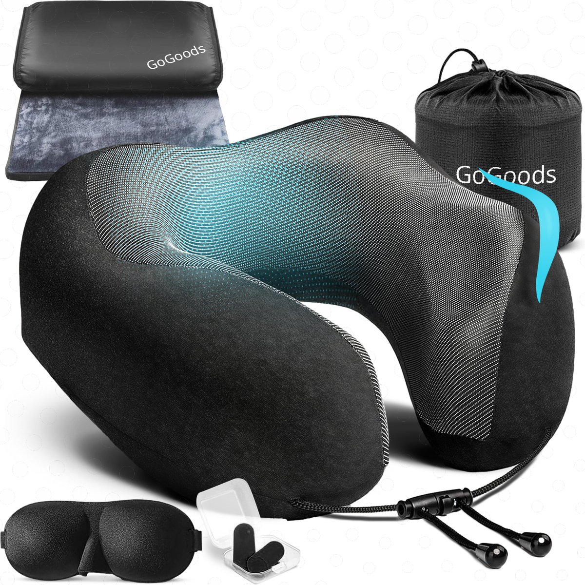 GoGoods® Reiskussen - Luxe Nekkussen Set - Vliegtuig - Auto - Traagschuim - Met Oordoppen, Oogmasker en Fleece Deken