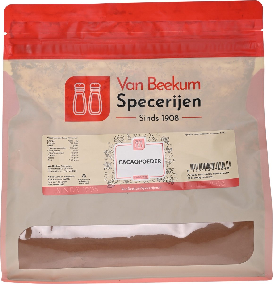Goedkoopste Van Beekum Specerijen - Cacaopoeder - 1 KG (hersluitbare stazak