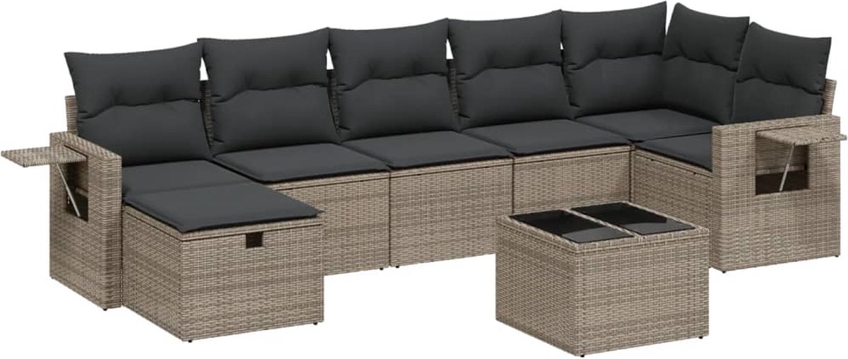 The Living Store 8-delige Loungeset met kussens poly rattan grijs - Loungeset - Tuinlounge - Buitendining - Lounge Set - Tuinmeubels