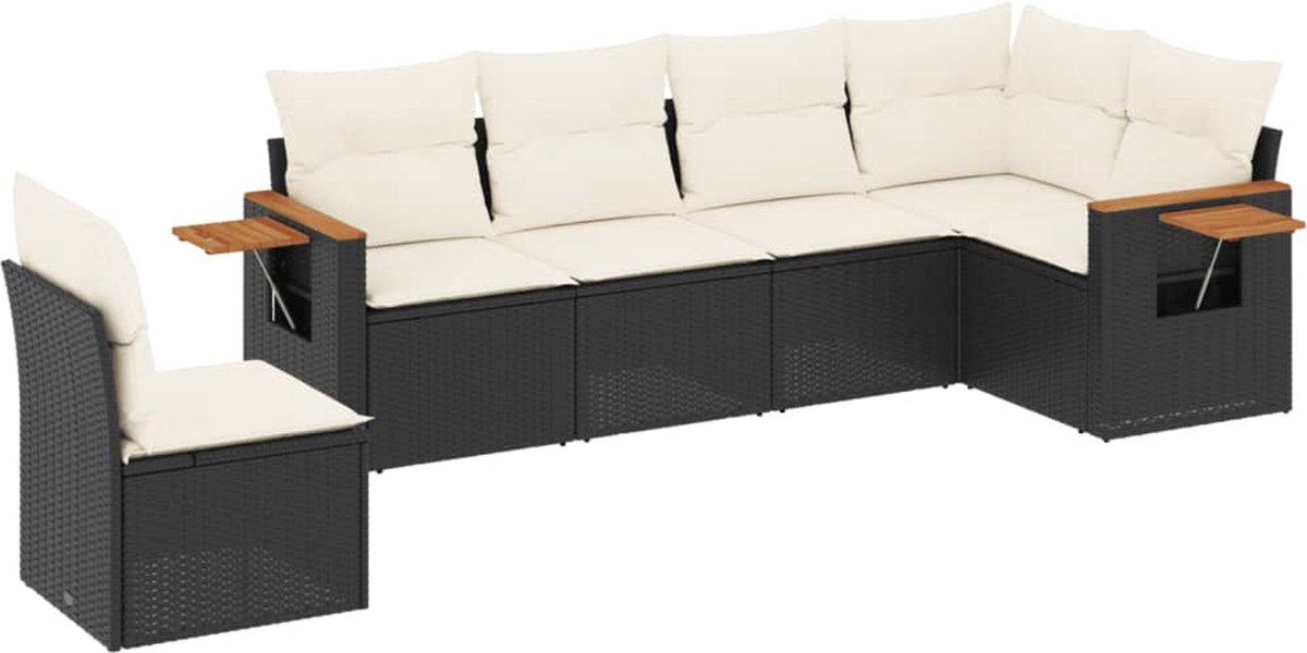 Zwart poly rattan loungeset met kussens en loungebank.