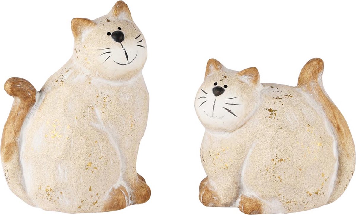 Dekoratief | Poes zittend, naturel, keramiek, 12x9x16cm, set van 2 stuks | A250244