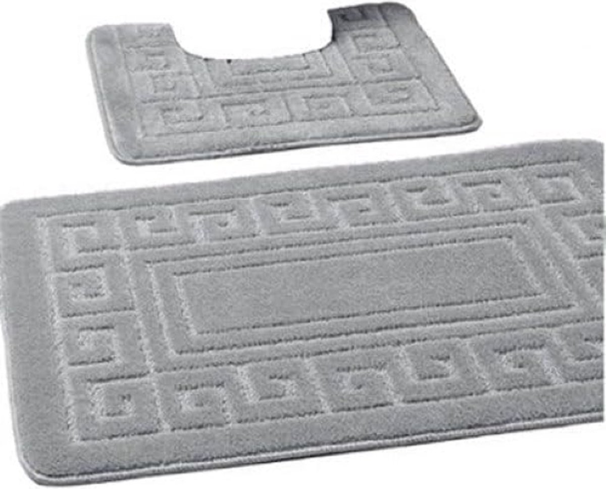 Anti-slip badmat in Griekse stijl - Set van 2 badmatten - Inclusief 1 badmat (50 × 80 cm) en 1 toiletmat (50 × 40 cm) - grijs