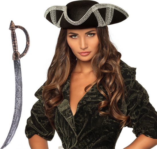 Boland Carnaval verkleed piraten hoed - zwart - met piratenzwaard 65 cm - Piraten party accessiores - dames/heren