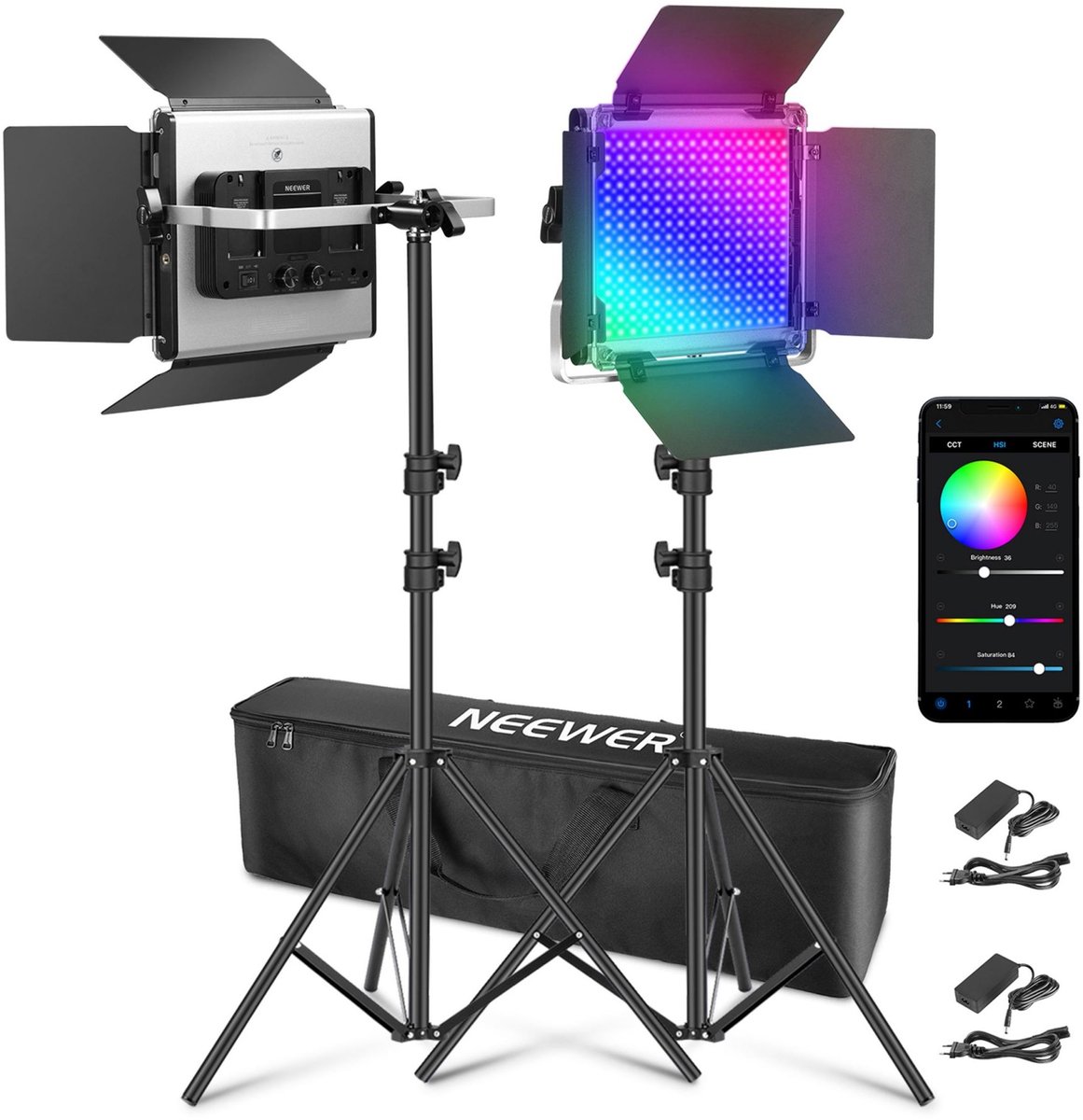 Neewer 660 PRO II, fotostudio videostudio lichtset 2 x 50W, RGB. LED, incl statieven en hoes, app bediening.