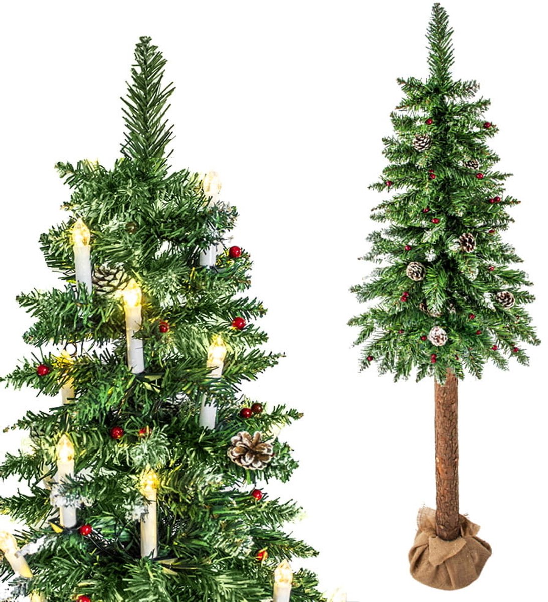 Kunst kerstboom met houten stam – 220 cm groen + sneeuw & versiering