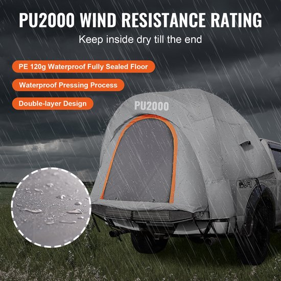 VEVOR Daktent Vrachtwagentent 200 x 165 x 170 cm, dubbellaagse tent Buiten Pickup Truck Tent Truck Bed Tent Outdoor Familie Camping Reizen Autotent, Waterdichte Autodaktent Achtertent Draagtas van Merkloos — afbeelding 4