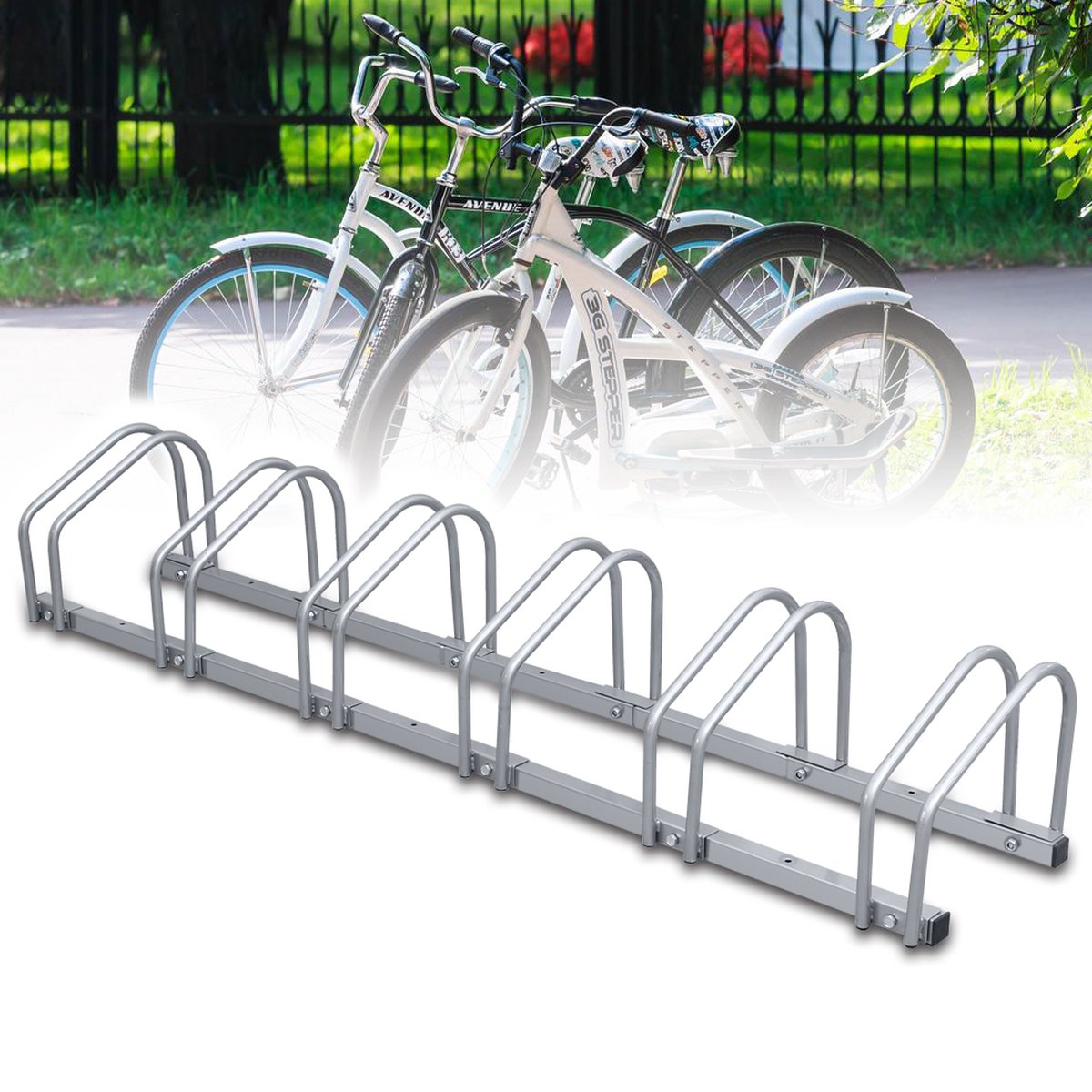 Fietsenrek voor 6 Fietsen - Fietsenstandaard - Bruikbare bandbreedte: 3,5-5,5 cm - zowel binnen- als buitengebruik - vloer of wandmontage - Zilver