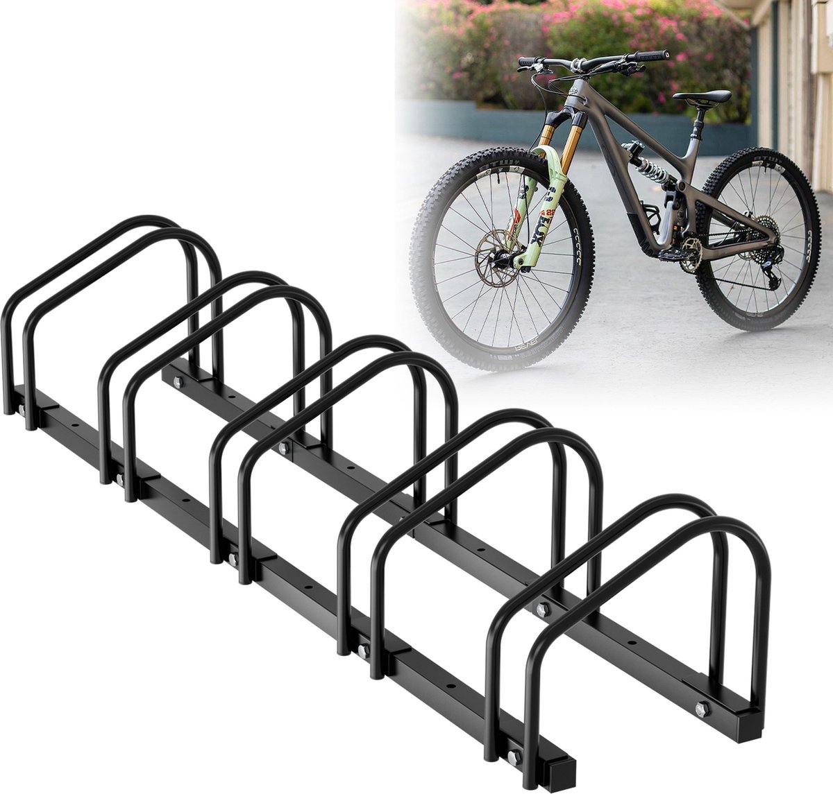 Fietsenrek voor 5 Fietsen - Fietsenstandaard - Bruikbare bandbreedte: 3,5-5,5 cm - zowel binnen- als buitengebruik - vloer of wandmontage - Zwart