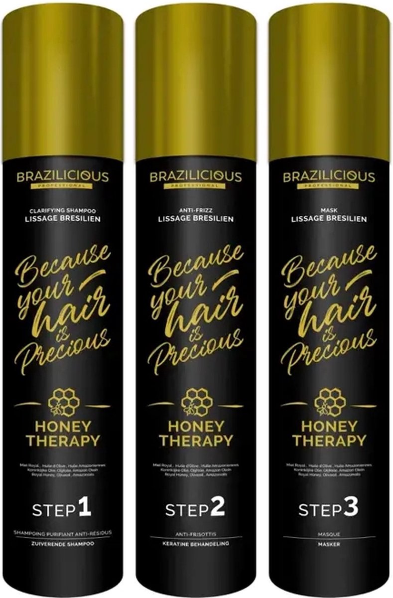 Brazilicious Honey Therapy Keratine Behandeling, keratine treatment Kit 3x1000ml & Na de Keratinebehandeling – Sulfaatvrije Shampoo & Conditioner