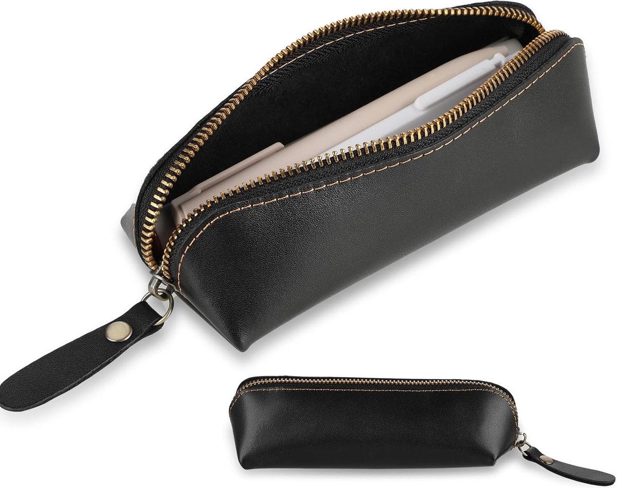 Candala Vintage pennenetui van echt leer, generfd leer met ritssluiting, handgemaakte pennenzak, draagbare potlodenorganizer voor mannen en vrouwen, zwart, 18.5x7x6cm/7.28x2.75x2.36in, vintage