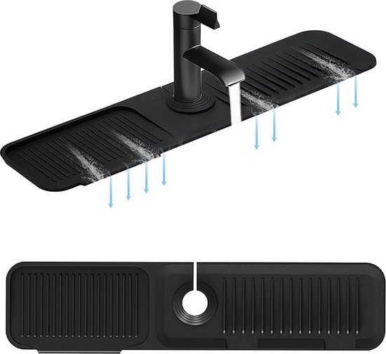 Zwarte siliconen kraanmat, getoond met water dat eroverheen stroomt en de afzonderlijke mat.