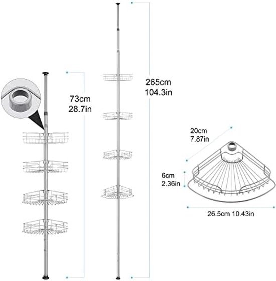 Telescopische Hoek Doucherek Plank 4-laags Badkamer Opslag Geen Boren Douche Caddy Verstelbare Hoogte 73 265cm Metaal Opbergplanken Grijs