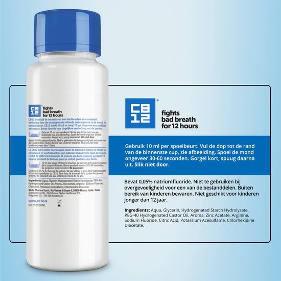 CB12 Original Mondwater - Beschermt 12 uur lang tegen een slechte adem - Met Fluoride voor bescherming tegen gaatjes - Frisse mentholsmaak - Alcoholvrije mondspoeling - 250ml