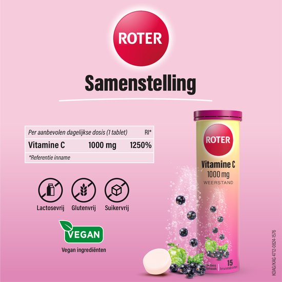 Roter Vitamine C 1000 mg bruis - Ondersteunt je natuurlijke weerstand - Suikervrij - Vegan - Met lekkere frisse zwarte bes-appelsmaak - 15 bruistabletten